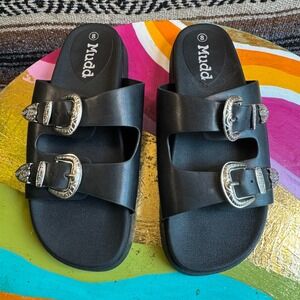 Mudd Womens Black Western Double Buckle Platform Slide Sandals Size 8
